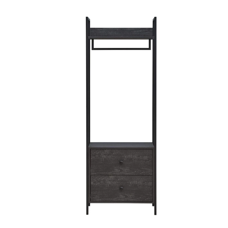 Timber Art Design UK Zahra Bedroom Open Wardrobe with Hanging Rail and 2 Drawers Modern Furniture Cupboard Storage Organizer Unit For Bedroom, Living Room, Black, H180cm x W63.8cm x D40cm