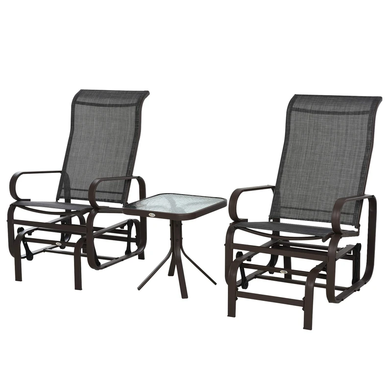 Outsunny 3 Pieces Garden Gliding Chair Set, Metal Frame 2 Single Armchair Swing Seater and 1 Glass Top Coffee Table w/Breath Mesh Fabric Seat, Brown