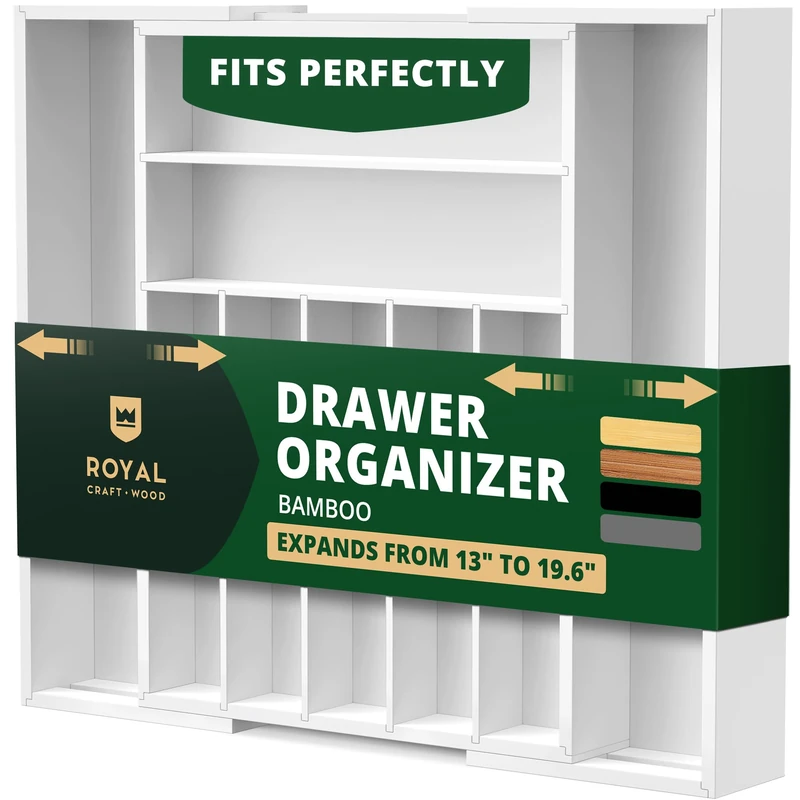 ROYAL CRAFT WOOD Luxury Bamboo Kitchen Drawer Organizer - Silverware Organizer/Utensil Holder and Cutlery Tray with Grooved Drawer Dividers for Flatware and Kitchen Utensils (9 Slot, White)