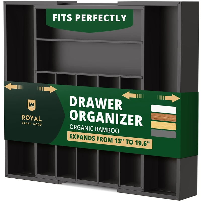 ROYAL CRAFT WOOD Luxury Bamboo Kitchen Drawer Organizer - Silverware Organizer - Utensil Holder and Cutlery Tray with Grooved Drawer Dividers for Flatware and Kitchen Utensils (Black)