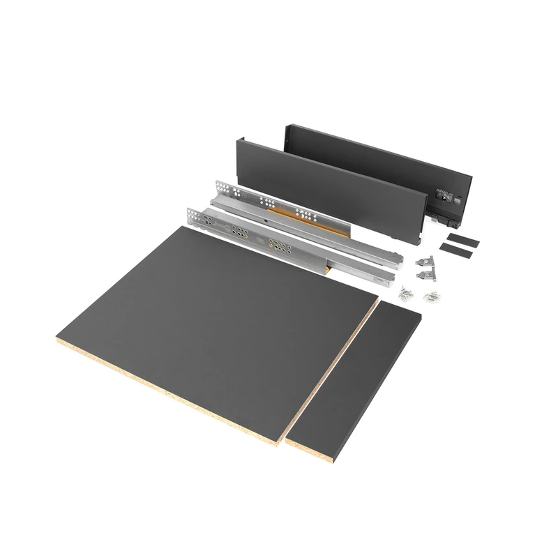 Emuca - Drawer Kit for kitchen or bathroom with included boards, total extraction slides, soft closing, 93mm (3,6 inch) height for 450mm (17,7 inch) module and 500mm (19,7 inch) depth, anthracite grey