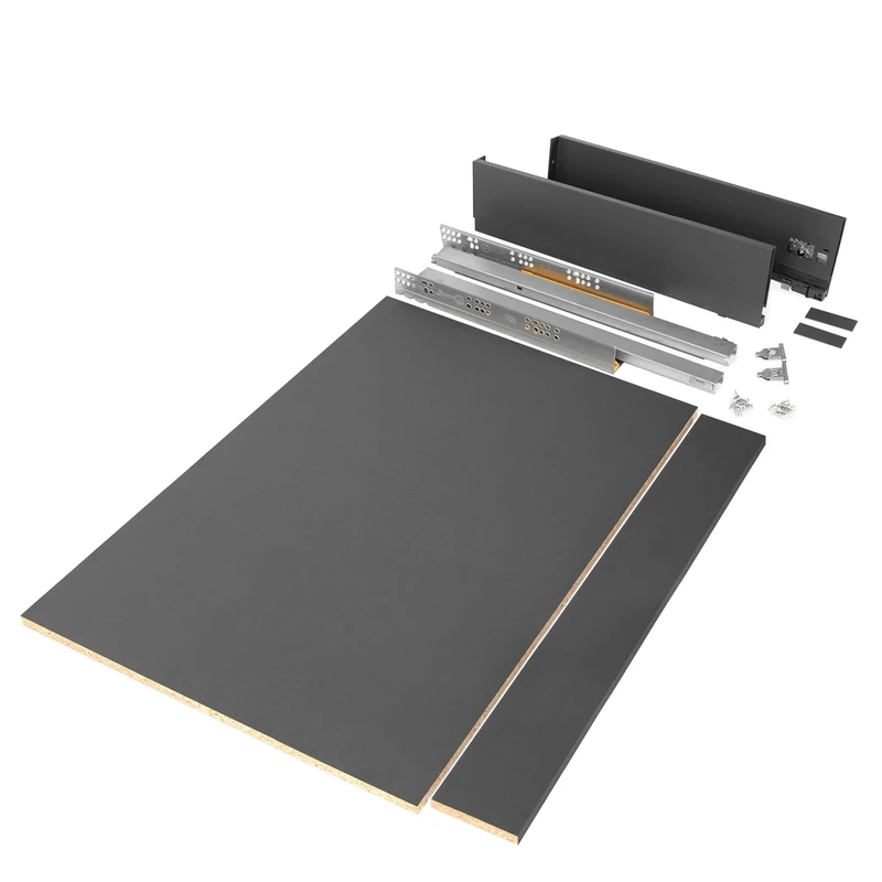 Emuca - Drawer Kit for kitchen or bathroom with included boards, total extraction slides, soft closing, 93mm (3,6 inch) height for 900mm (35,4 inch) module and 500mm (19,7 inch) depth, anthracite grey