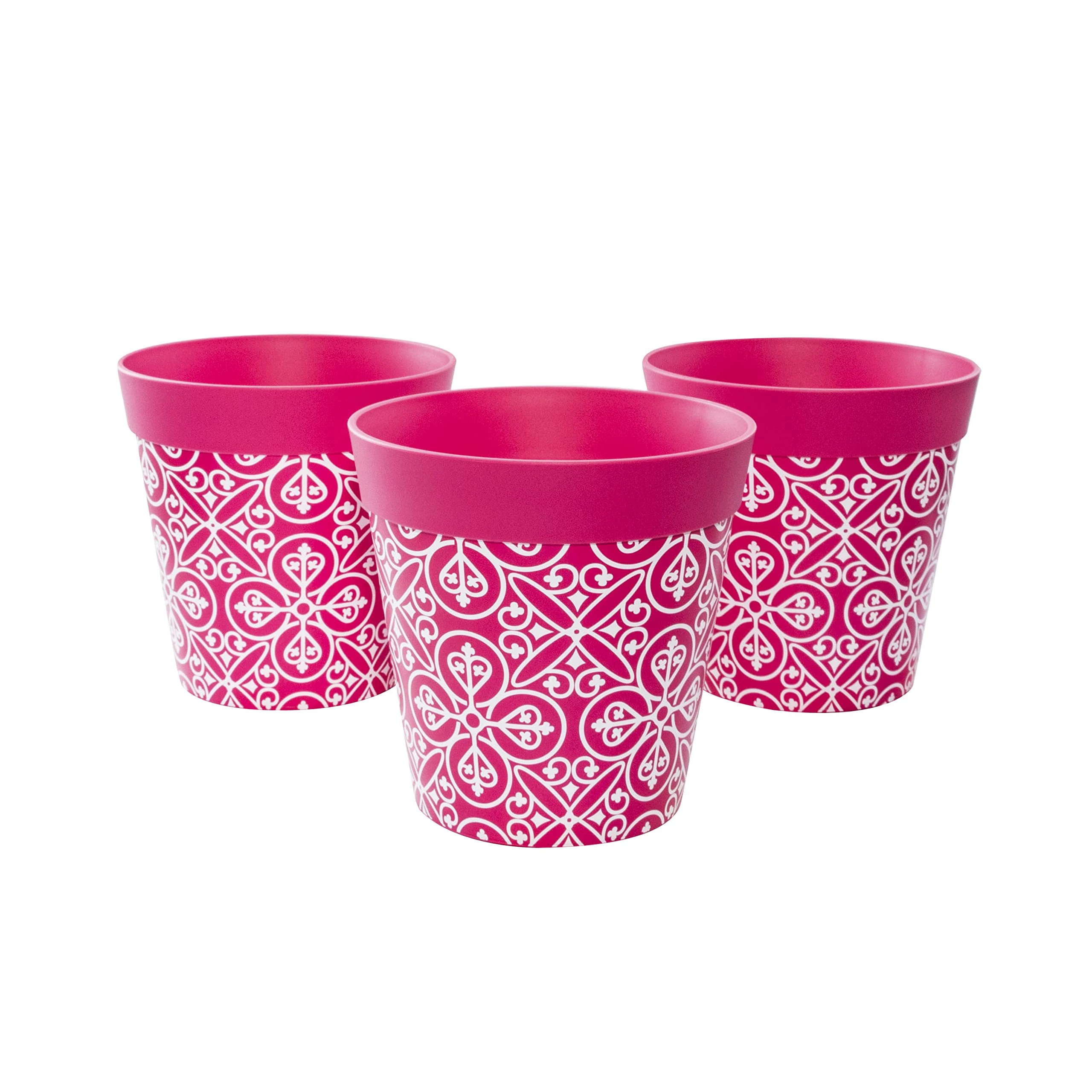Hum Flowerpots, 15cm Set of 3, Various Patterns Colours and Sizes, Indoor/Outdoor Plastic Plant Pots, Pink Maroc