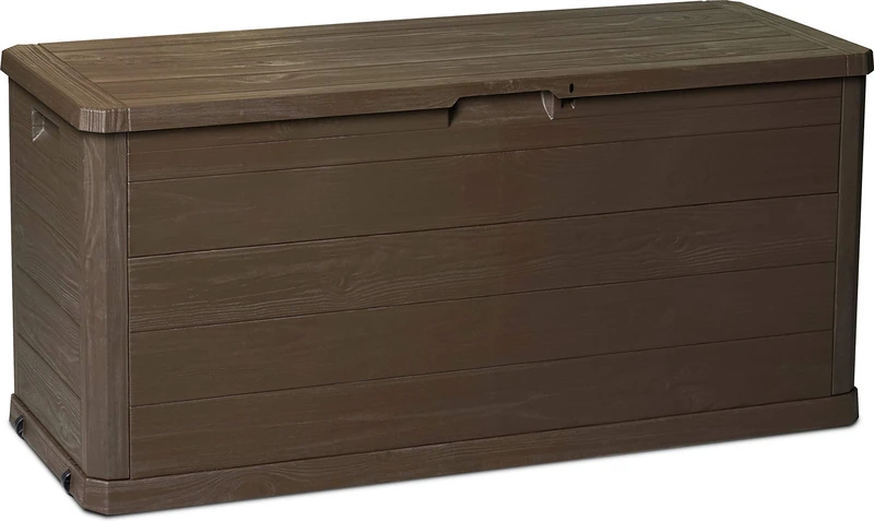 dobar® 58607e Outdoor Garden Chest 280 L Plastic Storage Box Chest Box in Wooden Design Storage Box for Garden/Patio/Balcony Storage Chest Lockable 117 x 45 x 56 cm Brown - Image 1