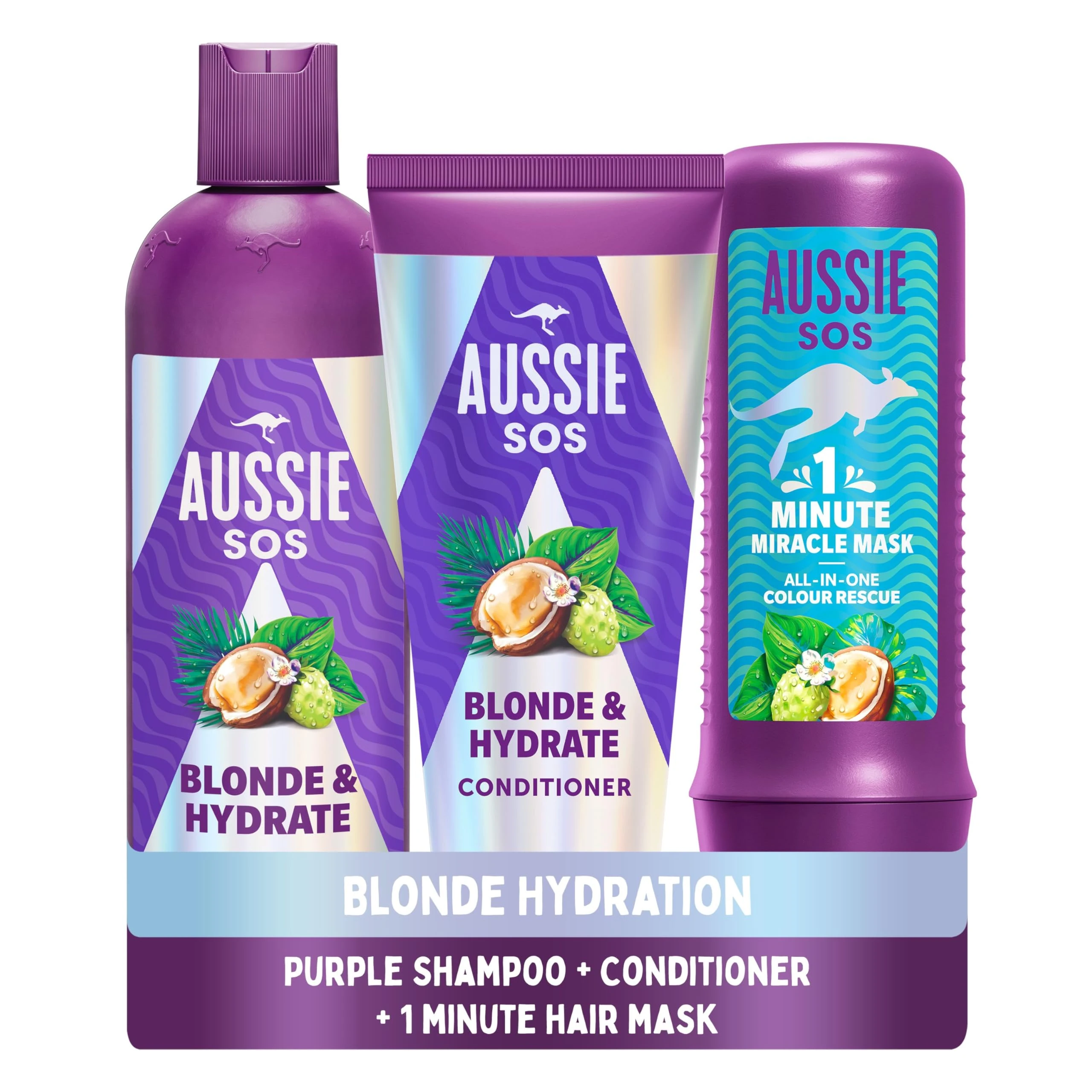 Aussie Blonde & Hydrate Purple Shampoo And Conditioner Set With Hair Mask. Neutralise Brassy, Yellow Tones On Bonde, Highlighted & Silver Hair. For Bleached, Highlighted And Grey Hair