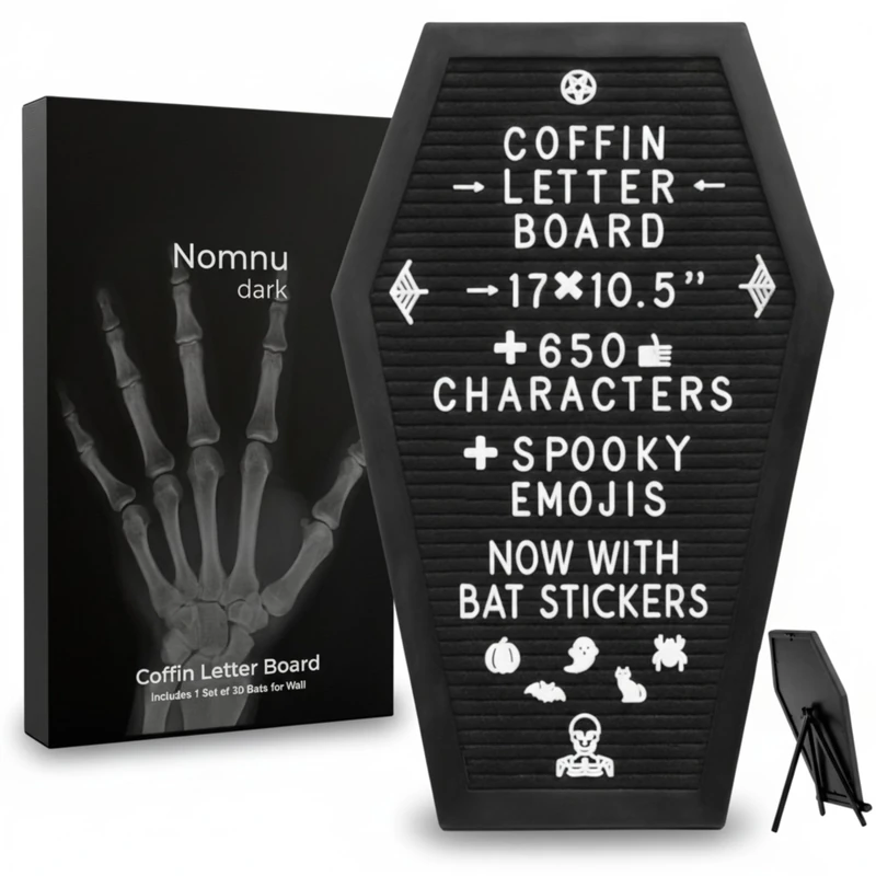 Coffin Letter Board Black With Spooky and Creepmas Emojis +500 Characters, and Wooden Stand - 17x10.5 Inches - Gothic Halloween Decor Spooky Gifts Decorations - Image 1