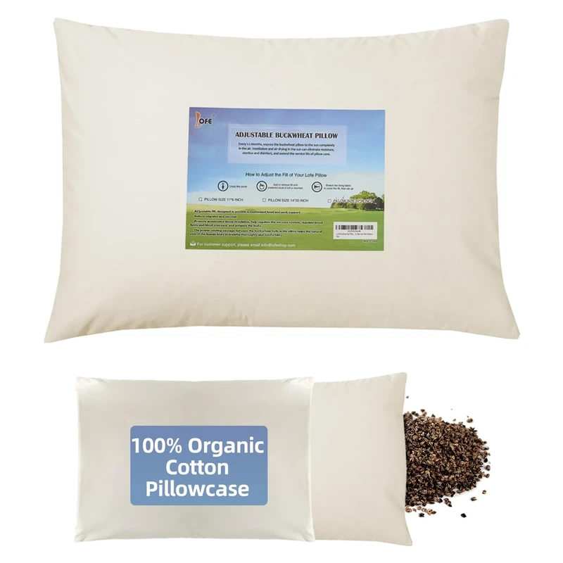 LOFE Organic Buckwheat Pillow for Sleeping - 14''x20'', Adjustable Loft, Breathable for Cool Sleep, Cervical Support for Back and Side Sleepers(Tartary Buckwheat Hulls)