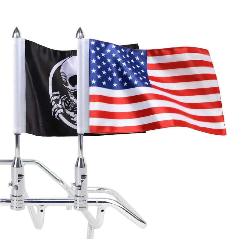 RONGZHI 2 Pack Motorcycle Flagpole Mount + American USA Flag + Punk Skull Flag 6'' x 9'' Foldable 90° Flag Pole Holder Bracket Fit for 1/2'' Luggage Rack Harley Touring Spring Honda Goldwing etc.