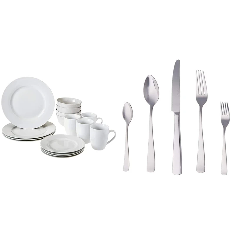 Amazon Basics Dinnerware Set, Service for 4, 16-Piece & 20-Piece Stainless Steel Flatware Set with Square Edge, Service for 4