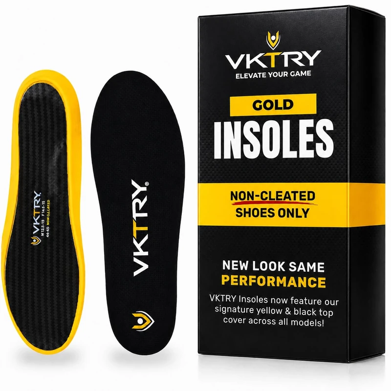 VKTRY Performance Insoles - Gold VKs - Carbon Fiber Shock Absorbing Sport Shoe Insoles for Pro Running, Basketball, Athletics - Improved Explosiveness, Injury Protection and Recovery, Weight 121-170