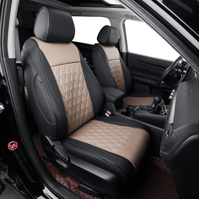 EKR Custom Fit Tundra Full Set Car Seat Covers for Select Toyota Tundra CrewMax 2014 2015 2016 2017 2018 2019 2020 2021 - Leatherette (Black/Sand Beige)