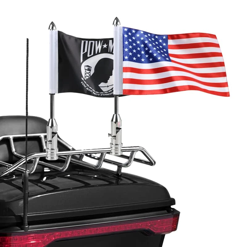 2 Pack Motorcycle Flag Pole Fold Down 90° with American Flag and Pow-mia Flag 6.7'' x 10.2'' Flag Pole Holder Bracket Fit for 1/2'' Tubular Luggage Rack Harley Touring Spring Honda Goldwing etc.
