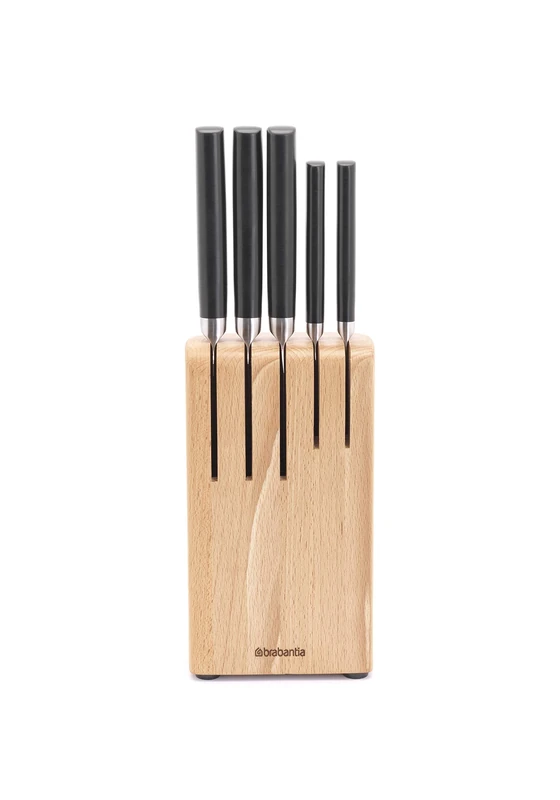 Brabantia 5 Knives Knife Block with Dark Grey Handled Knives & Slotted Beech Wood Countertop Organiser - 6-Piece Set Includes Chef, Bread, Carving, Utility, Pairing Knife Set & Knife Block