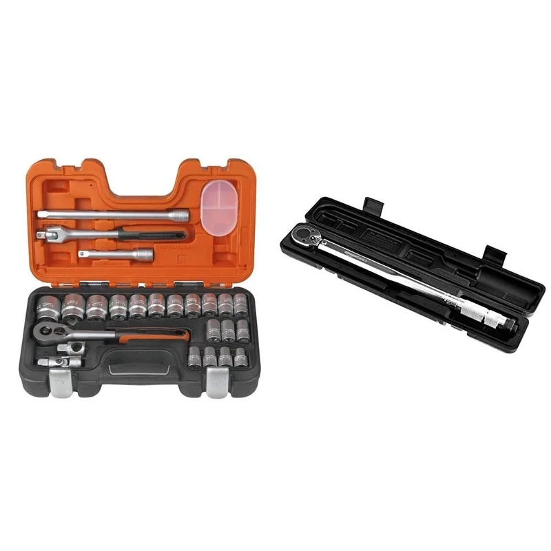 Bahco S240 Socket Set 24 Piece 1/2 Square Drive & Amazon Basics 1/2-Inch Drive Click Torque Wrench - 20-150 ft.-lb, 27.1-203.5 Nm