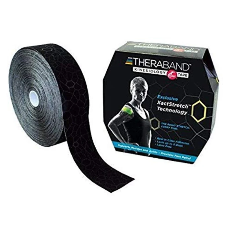 THERABAND Kinesiology Tape Bulk Roll, Waterproof Physio Tape for Pain Relief, Muscle & Joint Support, Roll with Application Indicators for Athletes, 5cm x 31.4cm, Black/Black Colour Scheme