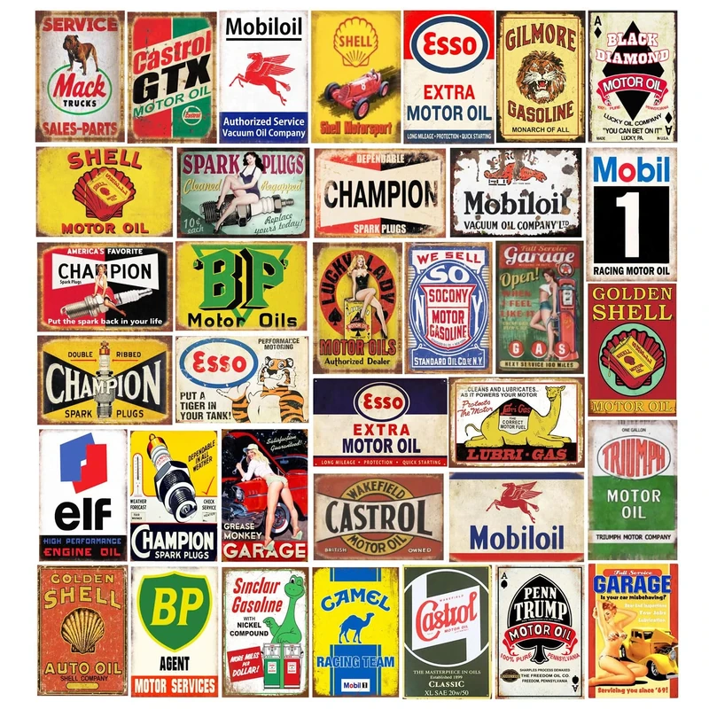 35 Pieces Reproduced Vintage Tin Signs, Gas Oil Retro Advert Antique Metal Signs for Garage Man Cave Bar Kitchen, Nostalgic Car Decor.8x12 Inch (35pcs vintage gas 1)