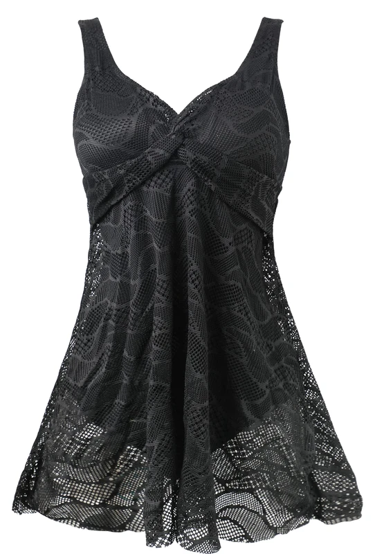 ECUPPER Womens One Piece Plus Size Swimdress Skirted Swimsuit Lace Swimwear Swimming Costume Dress with Briefs Black S