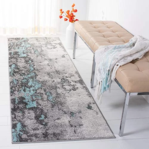 Safavieh Abstract Rug for Living Room, Dining Room, Bedroom - Adirondack Collection, Short Pile, in Turquoise and Grey, 76 X 183 cm