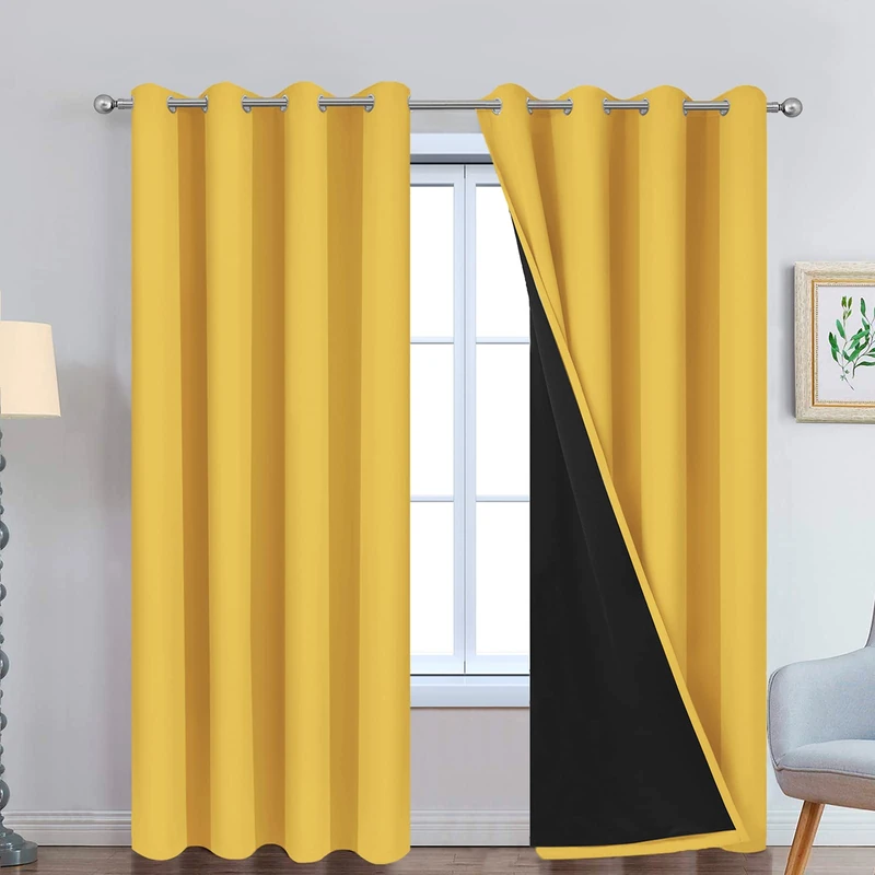 Yakamok 100% Blackout Curtains Energy Saving Thermal Insulated 2 Thick Layers Fully Blackout Curtains with Black Lining for Bedroom (52W x 84L, Mustard Yellow, Pack of 2)