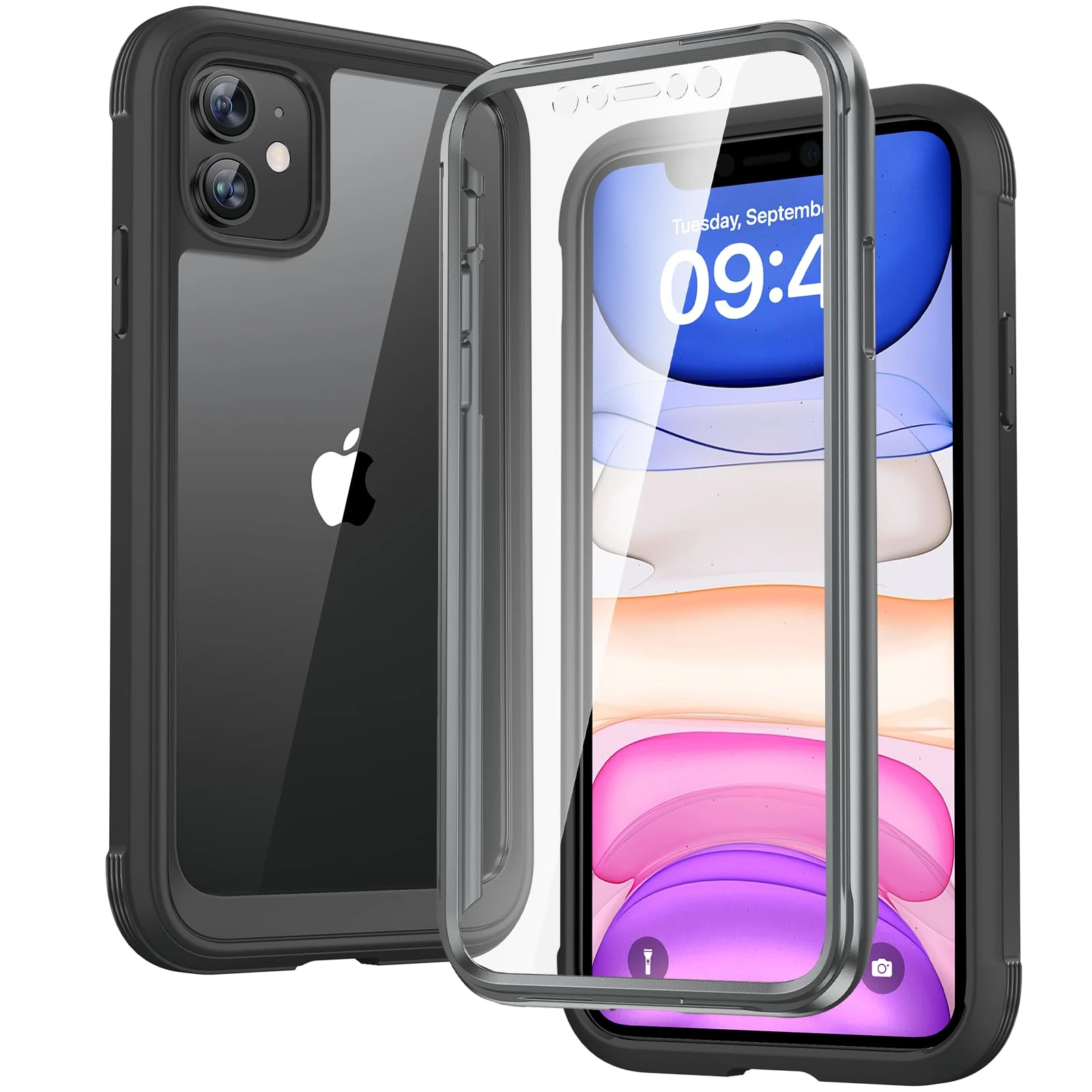 Diaclara iPhone 11 Case, 360° Full Body with Built-in Screen Protector Touch Sensitive, Clear Shockproof Soft Bumper Phone Case for iPhone 11 6.1" - Black