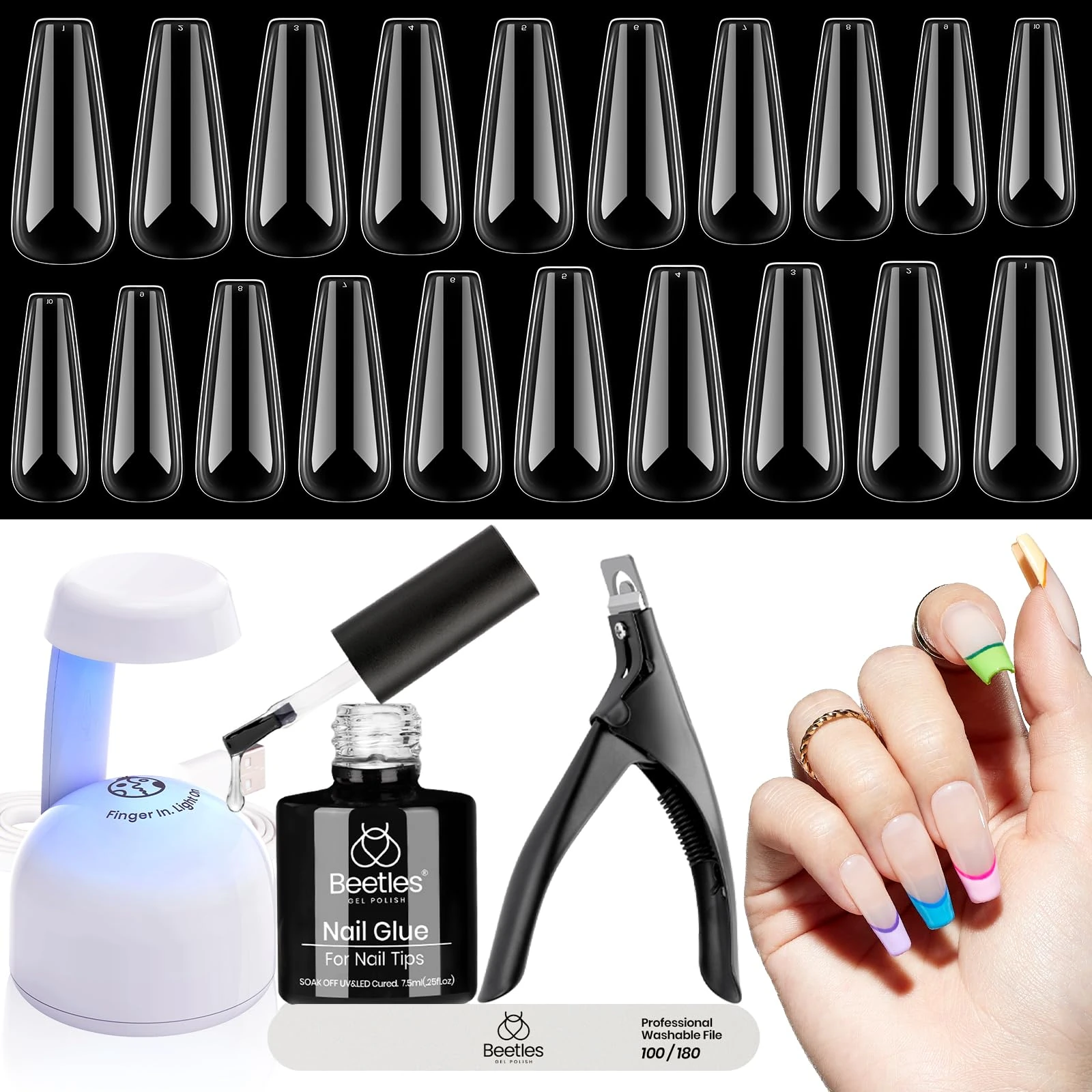Beetles 5 in 1 Gel Nail Extension Kit - Easy Application Set With Base Coat, Pre-shaped Long Coffin Tips, LED Lamp, and Acrylic Clipper for Nail Art