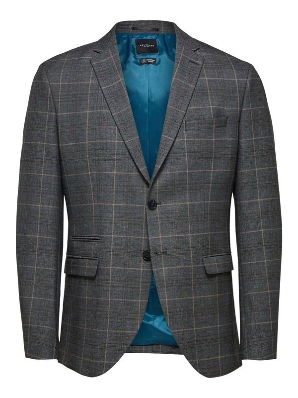 SELECTED HOMME Men's SLHSLIM-MYLOLOGAN Gry BRW CHK BLZ B NOOS Blazer, Grey Checks:Brown, 34R