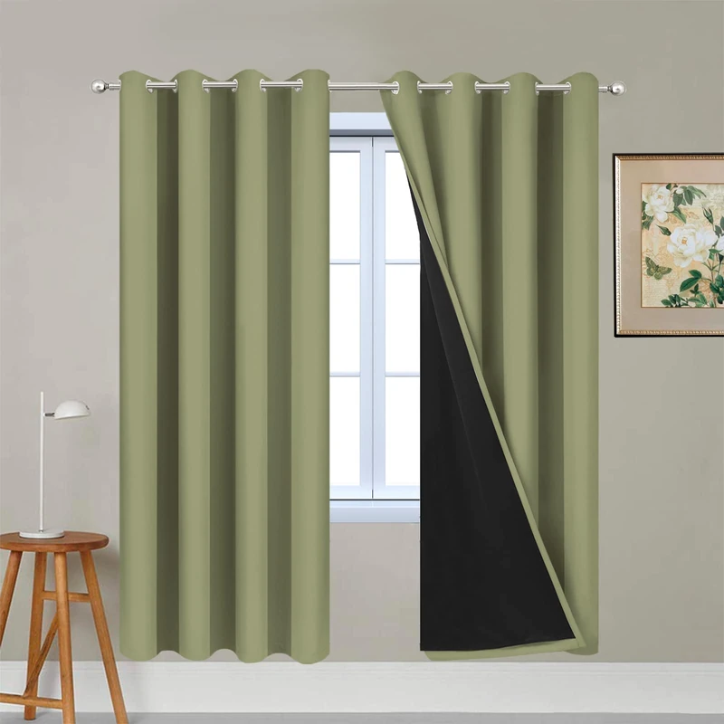 Yakamok 100% Blackout Curtains Energy Saving Thermal Insulated 2 Thick Layers Completely Blackout Drapes with Black Liner for Bedroom (52Wx72L, Sage, 2 Panels)