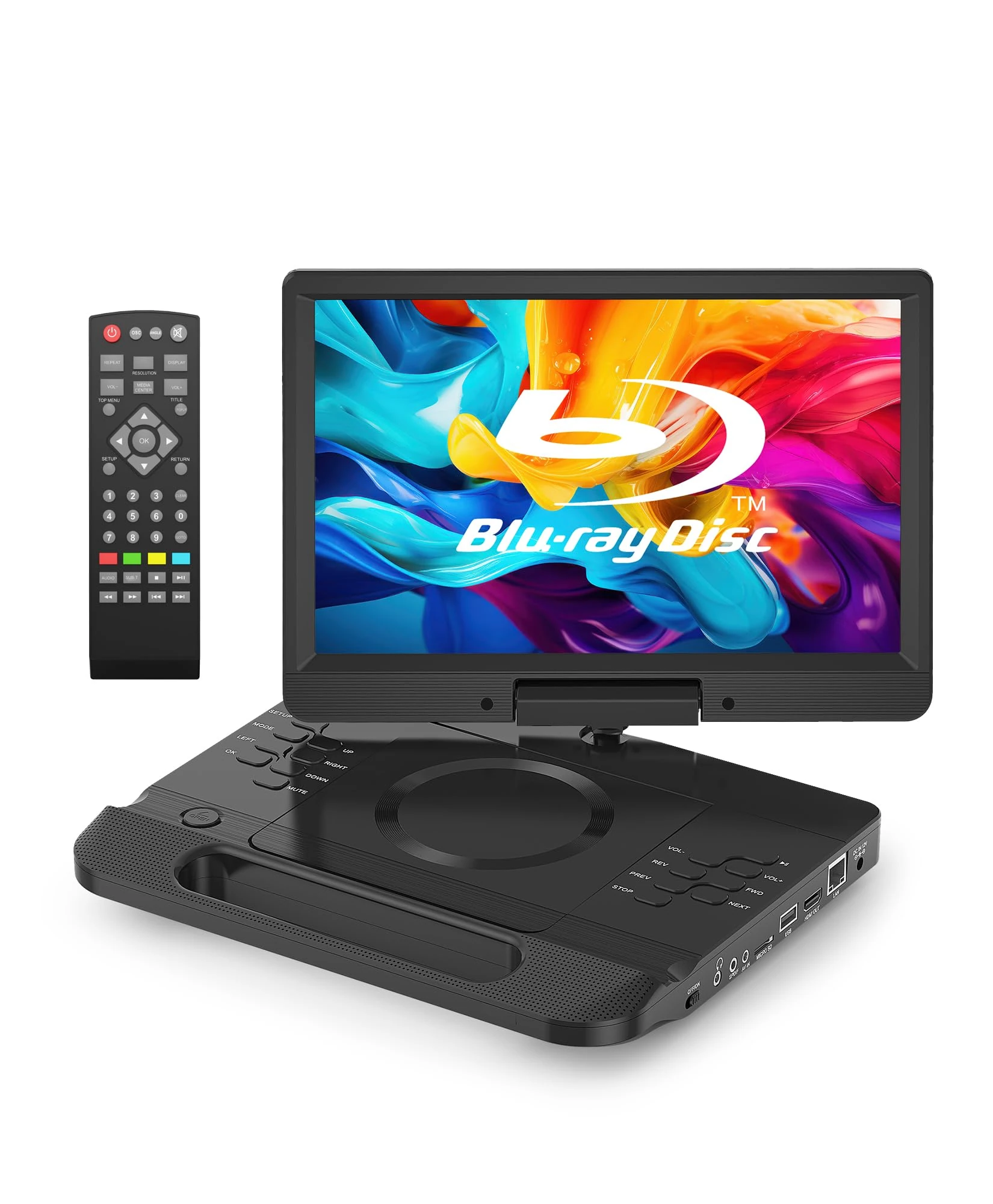 FANGOR 13.3 Inch Portable Bluray DVD Player with 12 Inch HD Swivel Screen, 5 Hours Rechargeable Battery and Remote Control, HDMI Out/AV in, USB/SD Card, Last Memory