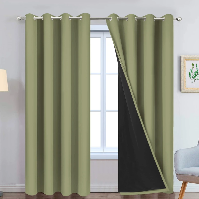 Yakamok Total Blackout Curtains 2 Thick Layers Fully Blackout Thermal Insulated with Black Lining for Bedroom (52W x 84L, Sage, 2 Fabrics)