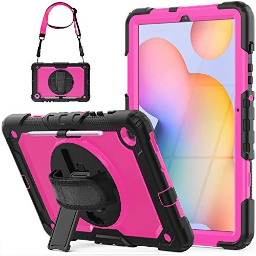 SEYMCY Case for Samsung Galaxy Tab S6 Lite 10.4'' 2020, SM-P610/P615, Shockproof 360 Degree Rotating Stand Strap Case with Screen Protector/Pen Holder for 10.4 inch Galaxy Tab S6 Lite, Black/Pink