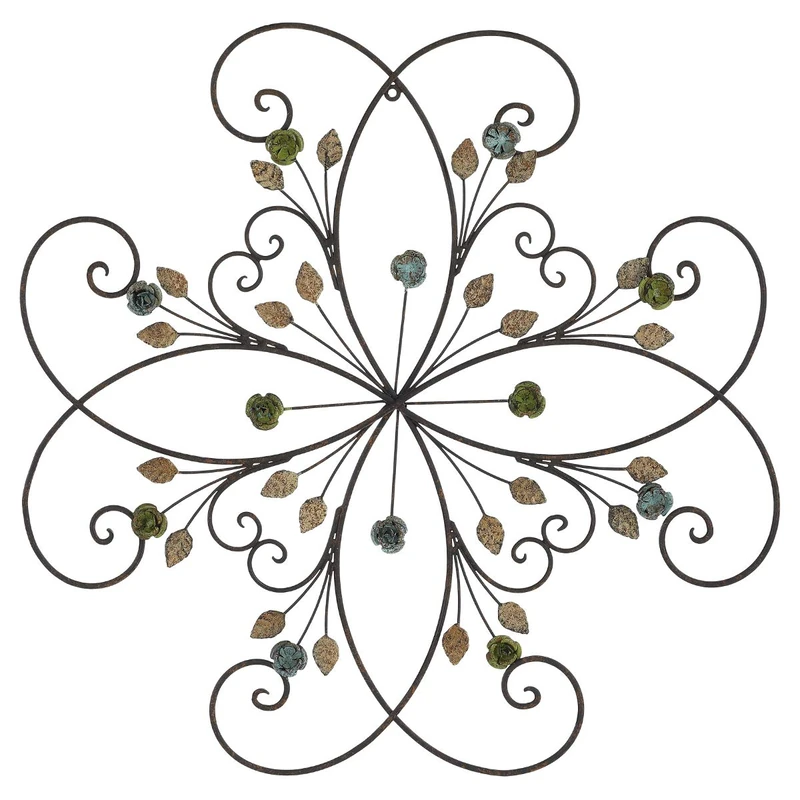 Lechesis Flower and Leaf Metal Scroll Wall Art Decor, Handmade Large Rustic Floral Scroll Wrought Iron Wall Hanging Art Sculptures Decorative, 24" x 24" - Image 1
