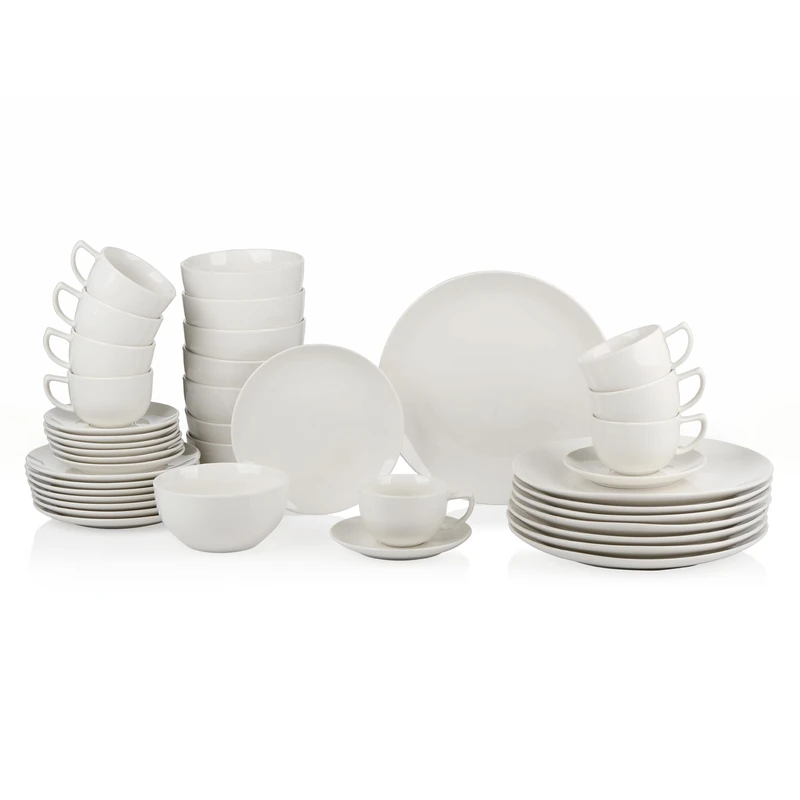 alpina Dinner Set 8 Persons - 40-Piece Stoneware Set - Dinner Set with Breakfast Plates, Dinner Plates, Bowls, Cups and Saucers - Dishwasher and Microwave Safe - White