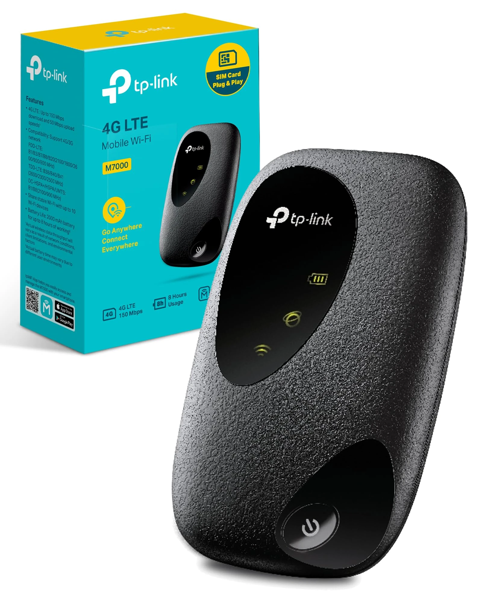 TP-Link M7000 4G MiFi, Portable Travel WiFi Device, 4g Router With Sim Slot, Low Cost Unlocked LTE Cat4 Mobile Hotspot Dongle, Caravan Wi-Fi, High Global Compatibility, Easy App Management