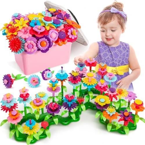 Fivejoy Flower Garden Building Toys for 3 Year Old Girls Boys,134pcs Flower Building Toy - Floral Arrangement Playset With Suitcase,Building Blocks Set early