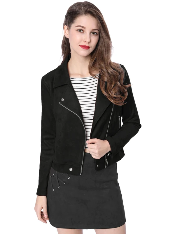 Allegra K Women's Short Soft Zip Up Faux Suede Biker Moto Jacket, Black, Medium