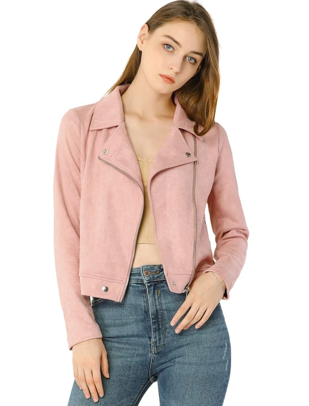 Allegra K Women's Moto Jacket, Pink, M