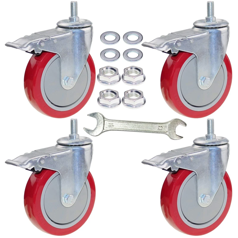DICASAL 5 Inch Heavy Duty Stem Casters 360 Degree Swivel Thread Wheels with Metric Size M12-1.75 Screw Bolt Double Locking Brake Castor Wheel Load Capacity Upto 900 Lbs Pack of Four
