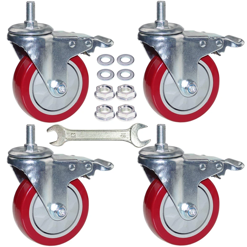 DICASAL 4 Inch Heavy Duty Stem Casters 360 Degree Swivel Thread Wheels with Metric Size M12-1.75 Screw Bolt Double Locking Brake Castor Wheel Load Capacity Upto 900 Lbs Pack of Four