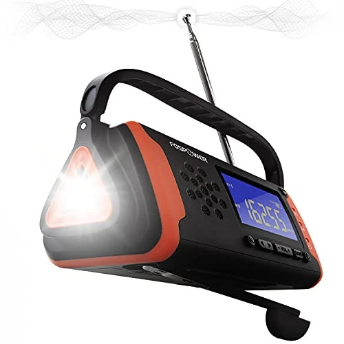 FosPower Wind Up Radio, AM/FM Battery Radio with 4000mAh Power Bank, LCD Display, Solar Radio, Reading Lamp, Hand Crank Charging, SOS Alarm (Model D2)