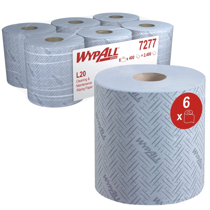 WypAll L20 Cleaning and Maintenance Blue Wiping Paper 7277-2 Ply Centrefeed Rolls - 6 Blue Rolls x 400 Paper Wipers (2,400 Total)