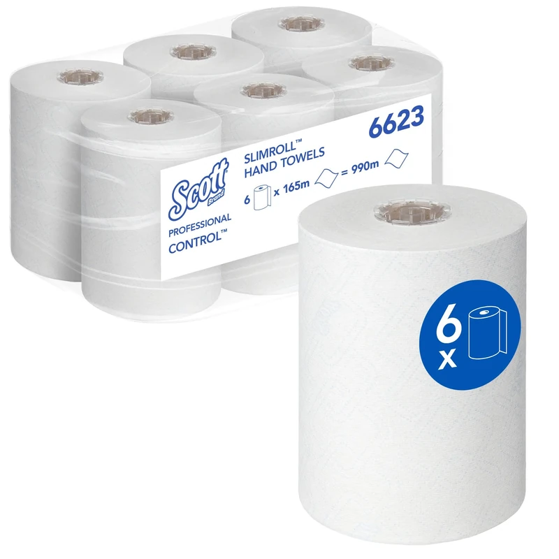 Scott® ControlTM SlimrollTM Hand Towels 6623 – Blue 1-Ply Rolled Paper Towels for Hygienic Hand Drying in Compact Spaces – Food Contact & EU Ecolabel Certified – 6 Rolls x 165m (990m Total)