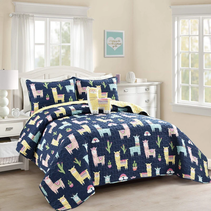 Lush Decor Make A Wish Southwest Llama Cactus Navy & Yellow Reversible Print 4 Piece Quilt Set, Full Queen