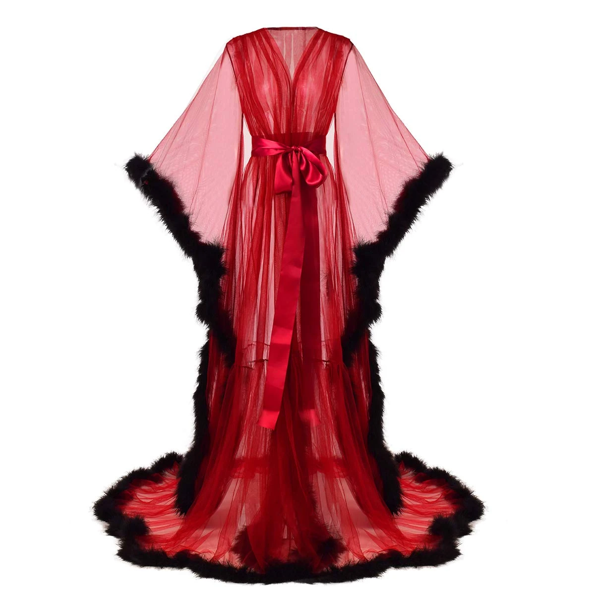 GRACEART Women's Dressing Gown Bathrobe Pregnant Women Photography Props Feather Robe Perspective Chiffon Lingerie Maxi Dress (Red-2, M)