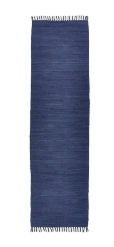Theko Dhurry Fleckerl Flat Weave Rug Made of 100% Cotton; Handwoven, Washable, Reversible | 70 x 250 cm; Blue | Happy Cotton