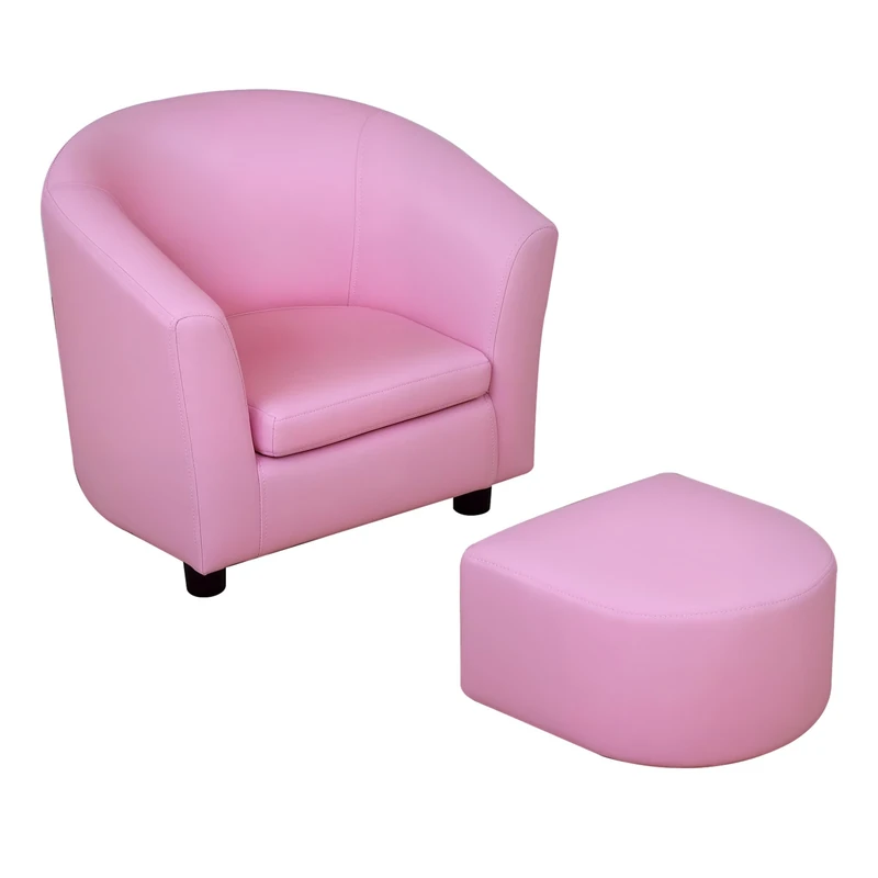 HOMCOM Children's Armchairs Toddler Chair Sofa Footstool 2-in-1 Design for Girls with Thick Padding, Anti-skid Foot Pads, Wood Frame, Pink
