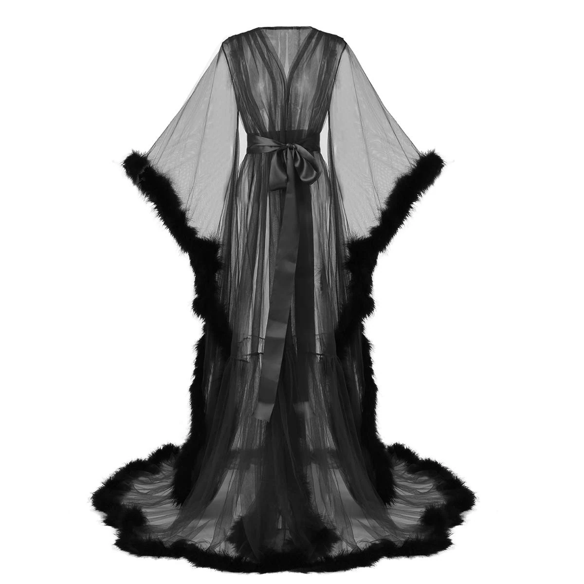 GRACEART Women's Dressing Gown Bathrobe Pregnant Women Photography Props Feather Robe Perspective Chiffon Lingerie Maxi Dress (Black, M)