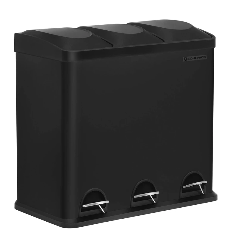 SONGMICS Kitchen Waste Bin, 318 Litres, Pedal Bin with 3 Compartments, Inner Buckets and 6 Stickers for Waste Separation, Waste Separation System, Black LTB54B, 60.5 x 34 x 56.5 cm