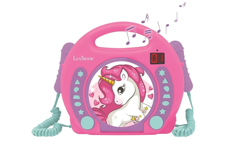 Lexibook, Unicorn, Portable CD player with Microphones, Music Player, Repeat and Programming, Karaoke, Headphones jack, Pink, RCDK100UNI