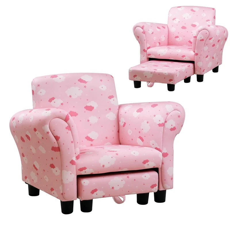 HOMCOM Toddler Chair Children's Armchairs Wood Frame w/Footrest Anti-Slip Legs High Back Arms for Bedroom Playroom Cute Cloud Star Pink