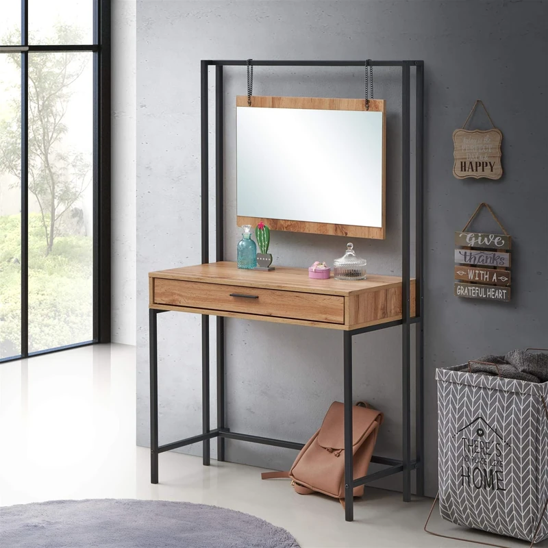 Timber Art Design UK Zahra Dressing Table Vanity Makeup Table Set with Mirror & Drawer Rustic Wotan Oak Effect Modern Furniture for Bedroom, Living Room, Home - W84cm x H150cm x D40cm